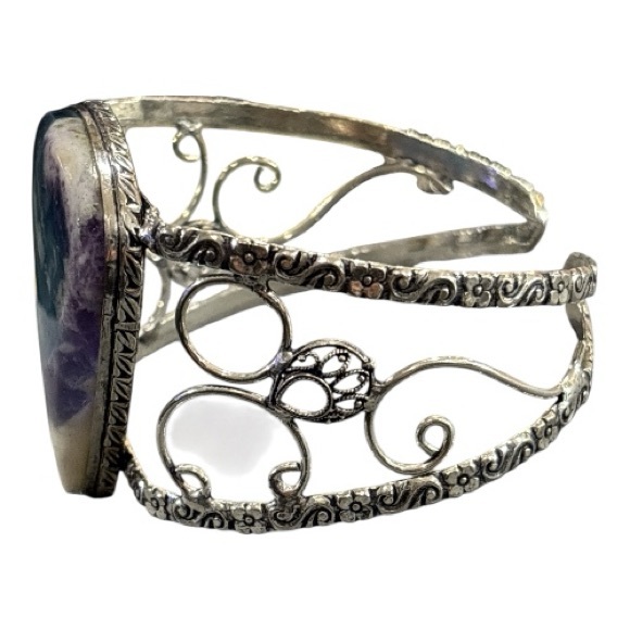 925 Sterling Silver Rainbow Fluorite Pear Shaped Gemstone Boho Cuff Bracelet - Picture 4 of 12